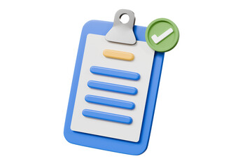 Aufkleber - 3D Blue Clipboard with blank paper notes and check marks icon symbol. Confirmed or approved document checklist done icon. Cartoon minimal style on isolated purple background 3d rendering illustration.