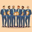 business people showing happy gestures, Contains digital money coins (bitcoin).