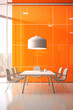 A modern orange meeting room with a large glass wall and a blank white empty frame.