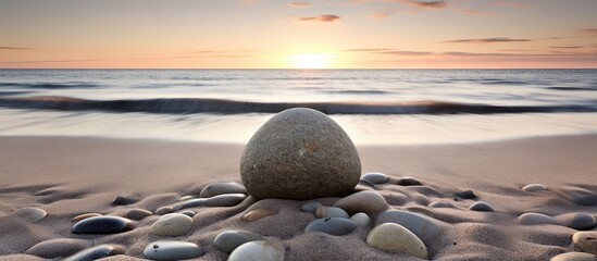 Poster - A Stone in the sand looks like a mediation calm view of the beach at sunset