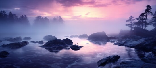 Canvas Print - The afterglow of a sunset casts a warm glow over the lake, with rocks jutting out of the water and trees silhouetted against the colorful sky and cumulus clouds in the atmosphere at dusk