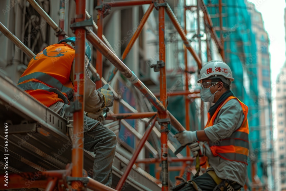Construction laborers wearing safety gear while working on scaffolding ...
