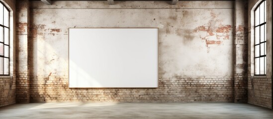 Poster - An empty rectangular room with a large whiteboard fixture hanging on the wood wall. The room has flooring made of composite material in various tints and shades