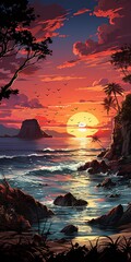 Poster - Beautiful sunset over the sea in the tropics. Illustration