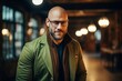 Portrait of a handsome bald man in a green jacket and glasses