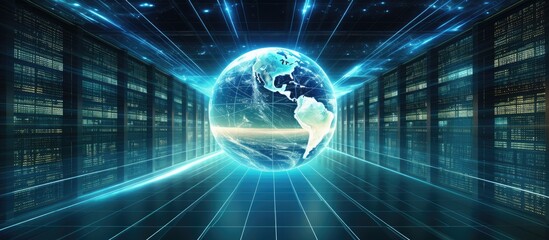 Poster - In the dark server room, a glowing azure globe creates symmetry and contrasts with the electric blue light. The circle stands out like a futuristic event in the space filled with technology