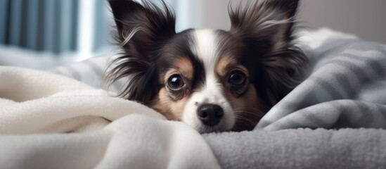 Sticker - A Toy dog, specifically a small Carnivore, is snuggled under a blanket on a bed. Its Fawn fur, perked Ear, and whiskers make it a cute Companion dog