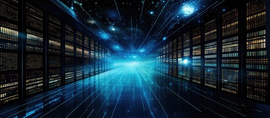 Poster - A technologically advanced server room filled with symmetrical rows of servers, illuminated by an electric blue light streaming from the glass ceiling, creating a pattern of light amidst the darkness