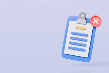 Aufkleber - 3D Blue Clipboard with paper notes with cross marks. Wrong Choice. Cancel, Error, Stop, Disapprove icon symbol. Denied checklist Concept. Minimal cartoon creative style. 3d rendering illustration.