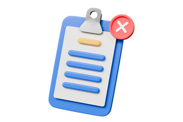 Aufkleber - 3D Blue Clipboard with paper notes with cross marks. Wrong Choice. Cancel, Error, Stop, Disapprove icon symbol. Denied checklist Concept. Minimal cartoon creative style. 3d rendering illustration.