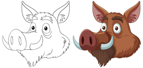 Sticker - Two pig illustrations, one colored and one line art.