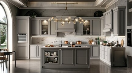 Wall Mural - Modern kitchen in an L shape with gray cabinets.