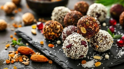 Wall Mural - Healthy energy balls made of dried fruits and nuts healthy food.
