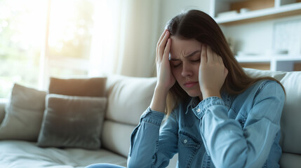 A woman in distress sitting on a couch with her head in her hands, reflecting on overwhelming emotions