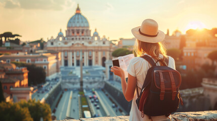 A curious woman with a backpack gazes at a map, seeking direction for her next adventure in the city of Rome