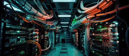 Poster - An engineering event showcasing automotive tire art, with a machine room filled with electric blue cables and servers, creating a futuristic pattern