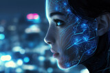 Fototapeta Góry - Beautiful female cyborg cyborg in a cyberpunk like city. Blue night colors. AI concept.