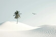 Minimalistic desert landscape. Sand, palm tree and bird. 