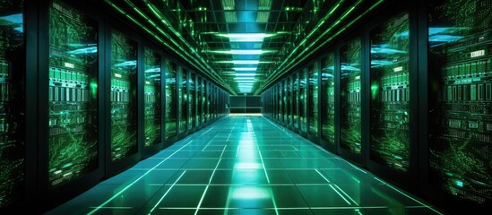Poster - The long hallway in the data center is a symmetrical rectangle with parallel rows of electric blue servers. The flooring is a composite material, adding to the engineering fixture of the space