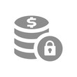 Coin stack and padlock vector icon. Secure and safe banking and finance symbol.
