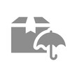 Delivery and shipping insurance vector icon. Parcel, package or box with umbrella symbol.