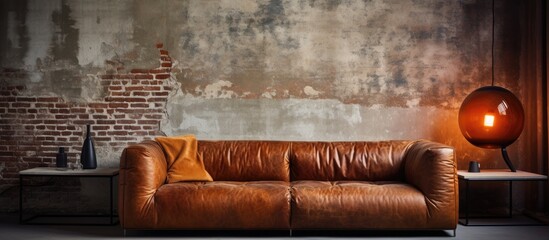 Sticker - A comfortable leather couch is placed in a room, with a stylish lamp standing on a table beside it.