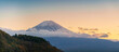 Mount Fuji at Lake Kawaguchi in the evening sunset. Mt Fujisan in Fujikawaguchiko, Yamanashi, Japan. Landmark for tourists attraction. Japan Travel, Destination, Vacation and Mount Fuji Day concept