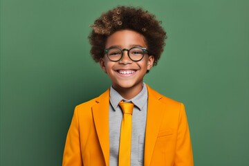 Wall Mural - Portrait of cute african american little boy in yellow jacket and eyeglasses