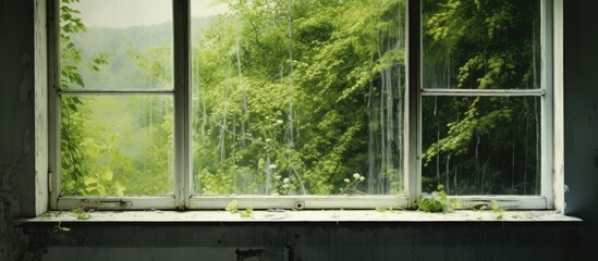  Through the window, a picturesque view of a dense forest can be seen in the outdoor scenery