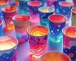 Craft an ad campaign with tilted angle views of cups shifting hues and patterns with the drinkers mood 
