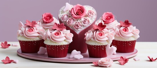 Canvas Print - A tray of cupcakes adorned with pink roses and a heart sits elegantly on a table, showcasing the art of cake decorating with flower petals