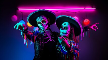 Wall Mural - Cinco de mayo, woman couple  skull face mask , neon light 