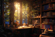 A cozy nook with a compact computer station, nestled amidst bookshelves filled with novels and bathed in soft, diffused light from a nearby window.