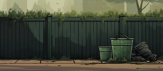 Poster - A green waste container is placed on the sidewalk next to a fence, surrounded by grass and asphalt. The trash can is near a home fencing and a plant, with a road surface made of wood