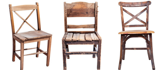 Set of  old rustic wooden chairs, isolated on transparent background