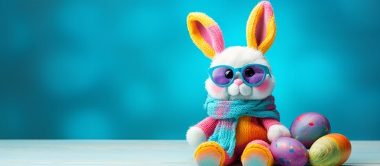 Wall Mural - A fawn stuffed toy rabbit, wearing electric blue sunglasses, a magenta scarf, sits next to Easter eggs on a table, adding a touch of fun to the Easter event