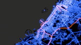 Fototapeta Do przedpokoju - The street map of Dubai (UAE) consists of blue glowing neon lines on a black background. Top view of the city center with the road network. The border of water and land. Orange railways. 3d render