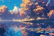 Autumn lake, anime wallpaper, nature