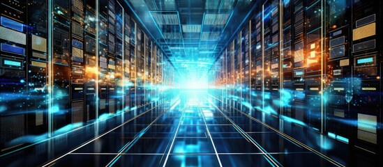 Poster - A computer server room with symmetrical lighting fixtures on the ceiling emitting electric blue light, creating a futuristic atmosphere