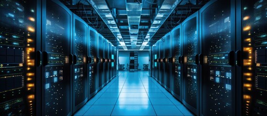 Poster - The buildings data center features a hallway with rows of Azure servers, creating a symmetrical and electric blue fixture. The aqua flooring adds to the engineering event