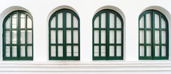 Poster - A symmetrical row of green arched windows with tints and shades on a white building facade, creating a beautiful contrast against the rectangle shape of the house