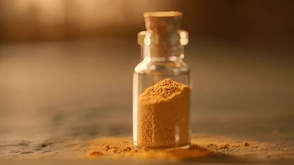 Wall Mural - Closeup of a small bottle filled with potent goldenhued turmeric powder widely recognized in Chinese medicine for its powerful antiinflammatory and painrelieving effects.