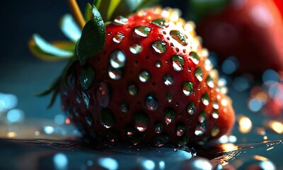 Wall Mural - Gouttes d'eau sur une fraise fraîche, photographie en gros plan ,hyperdetailed, hyperrealistic