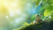 A green frog sits on a branch