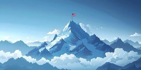 Poster - Majestic Mountain Peak with Triumphant Flag Planted at the Summit Symbolizing Accomplishment and Conquest of the Highest Challenges