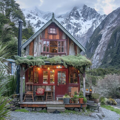 Tiny two floor timber frame house with single front doors and terrace with new zealand theme design