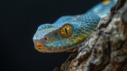 Wall Mural - dangerous viper snake closeup face on tree isolated on black background