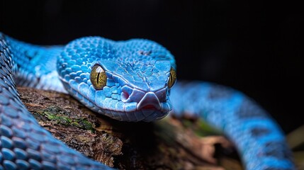 Wall Mural - exotic blue viper snake closeup on tree branch in nature with black background