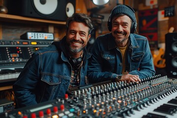 Two men in a recording studio with a mixing console and a keyboard, smiling and wearing headphones