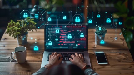 Aufkleber - An overhead view of a person working on a laptop with security icons and padlock symbols on the screen,